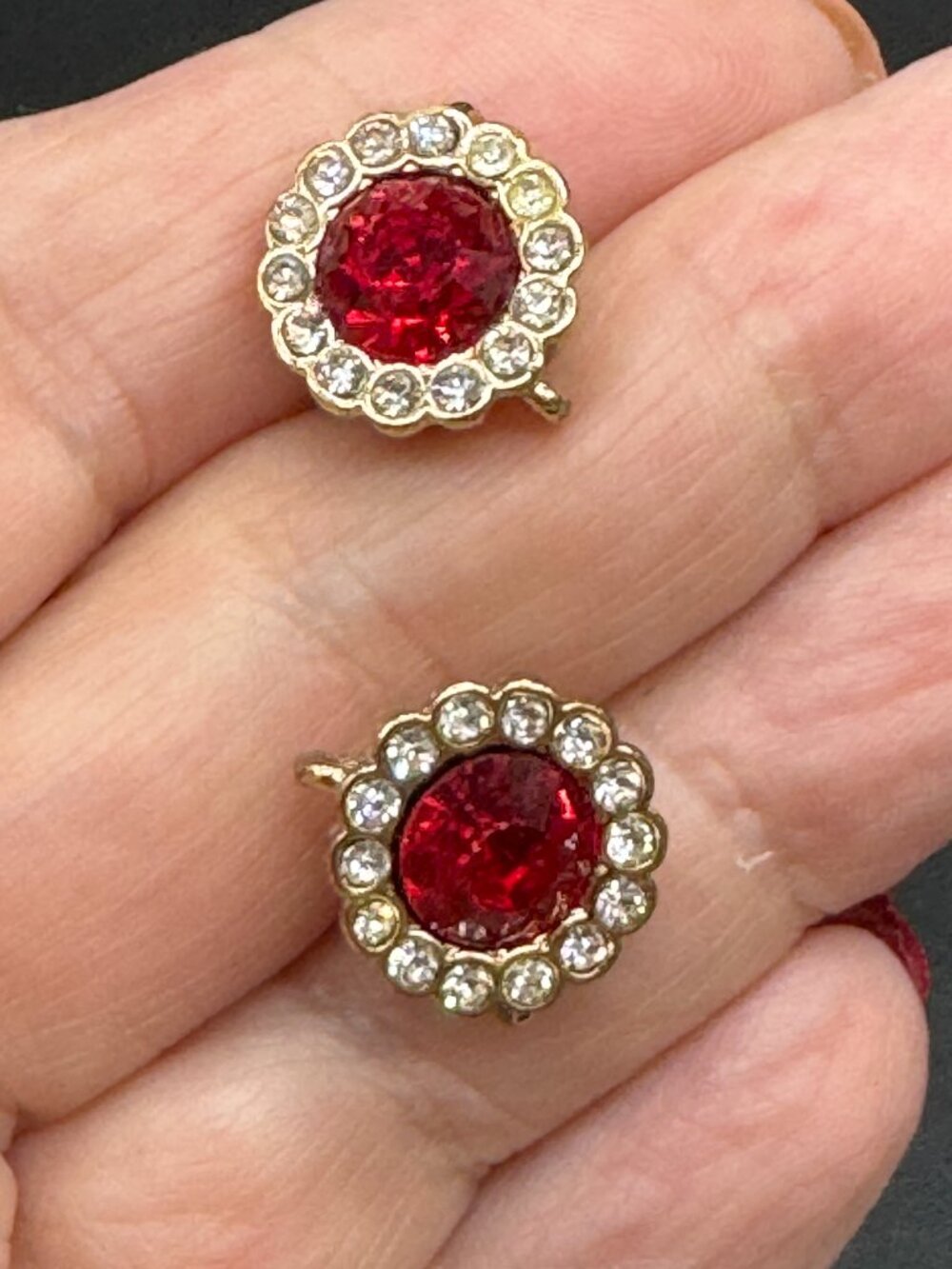 Gold Tone Stud Earrings Pierced Red and Clear Rhinestone - Picture 5 of 10